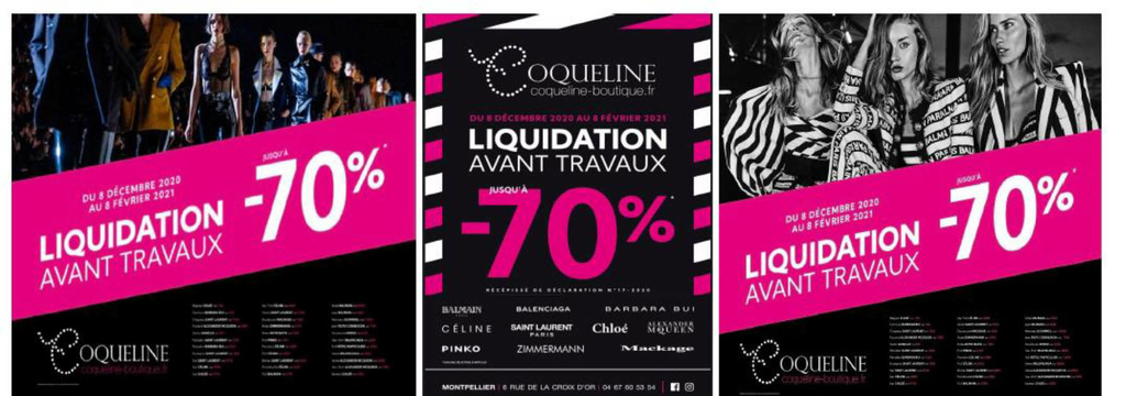 Boutique Coqueline Montpellier annonce une liquidation avant travaux d’embellissement. Boutique Coqueline Montpellier annonce une liquidation avant travaux d’embellissement.